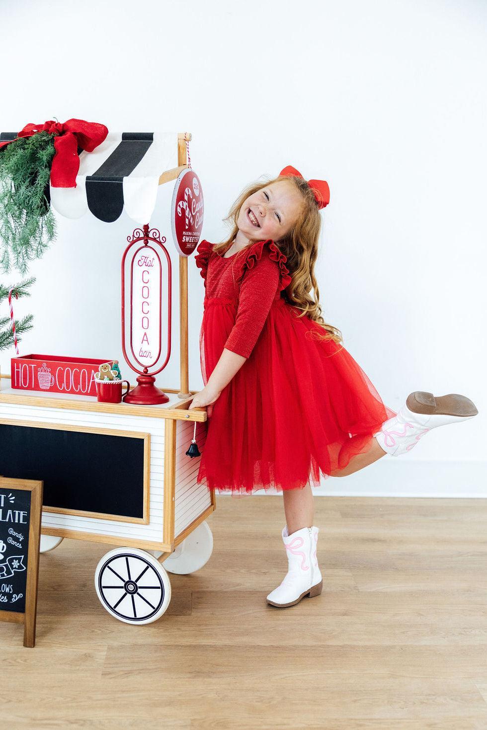 Red Shimmer 3/4 Sleeve Tutu Dress