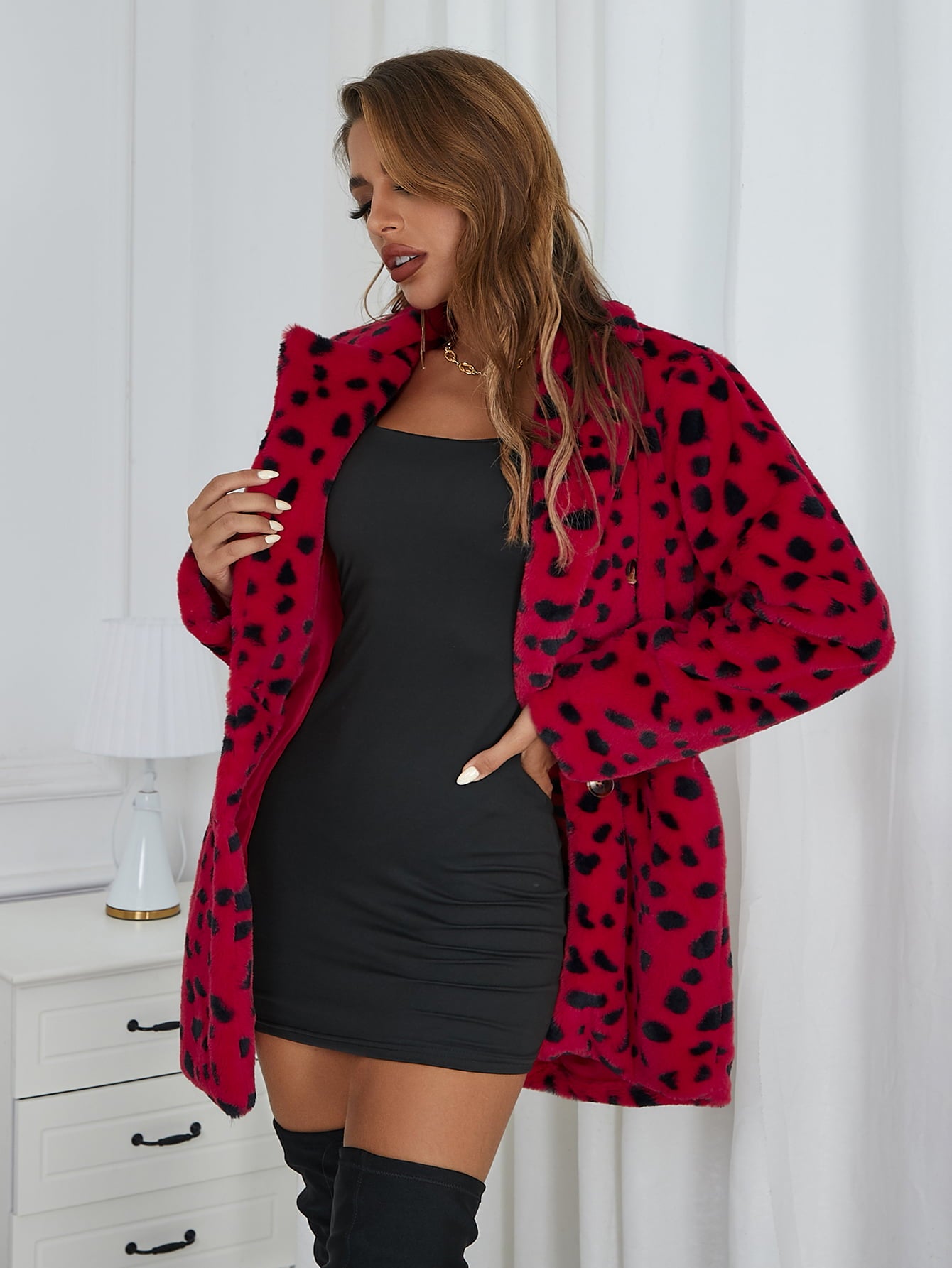 Printed Double-Breasted Lapel Collar Fleece Jacket