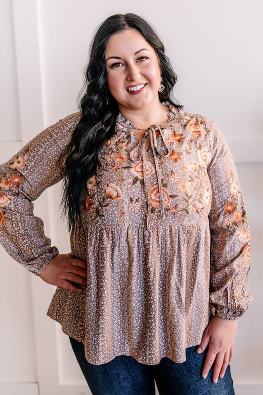 Savanna Jane Mocha Floral Embroidered Blouse