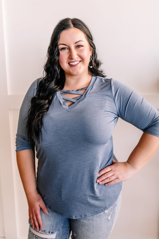 V Neck Stretchy Criss Cross Top In Peaceful Blue