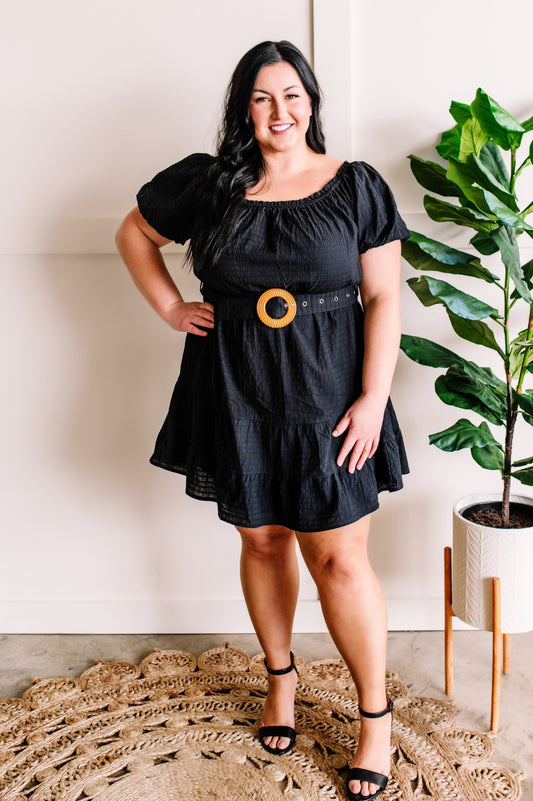 Puff Sleeve Belted Tiered Dress In Black