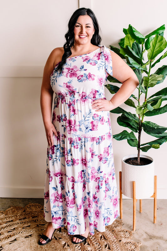 Ribbon Tie Tiered Dress in Purple Florals