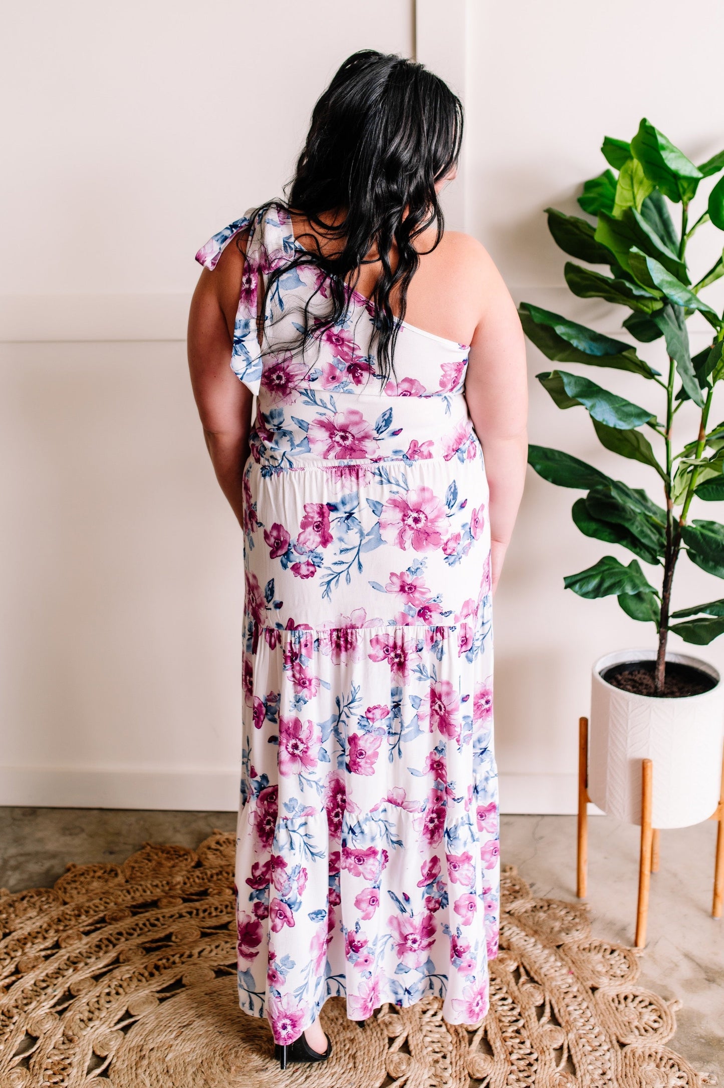 Ribbon Tie Tiered Dress in Purple Florals