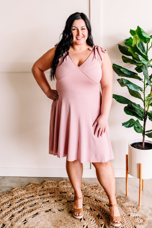 Tie Shoulder Surplice Dress In Soft Pink