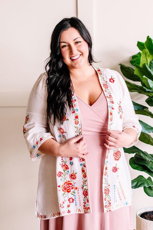 Savanna Jane Open Front Floral Embroidered Cardigan In Cream Floral