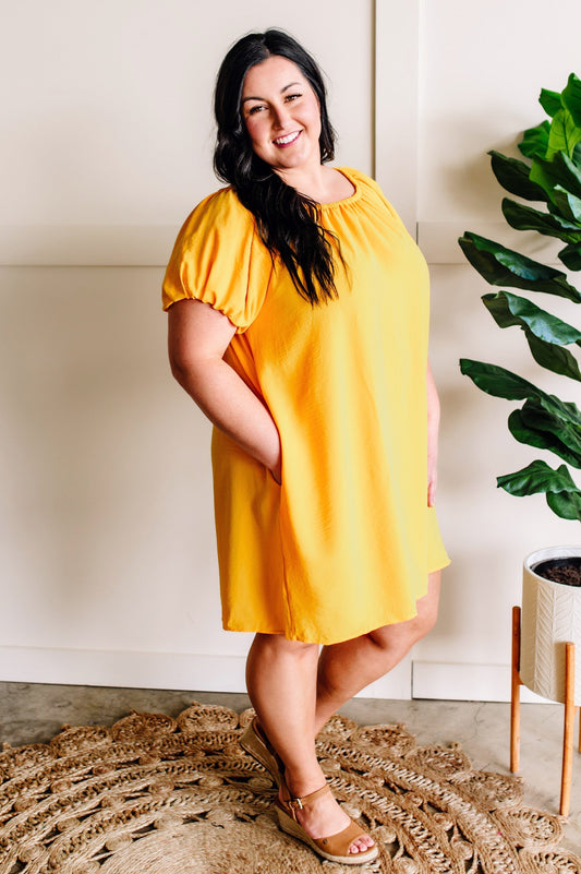 Sunshine Yellow Balloon Sleeve Lined Dress