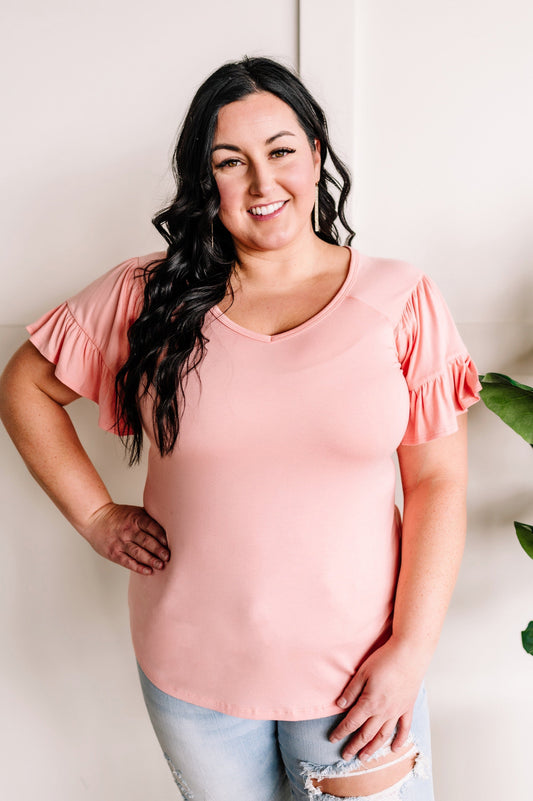 Ruffle Sleeve Tiered Top In Soft Coral Pink