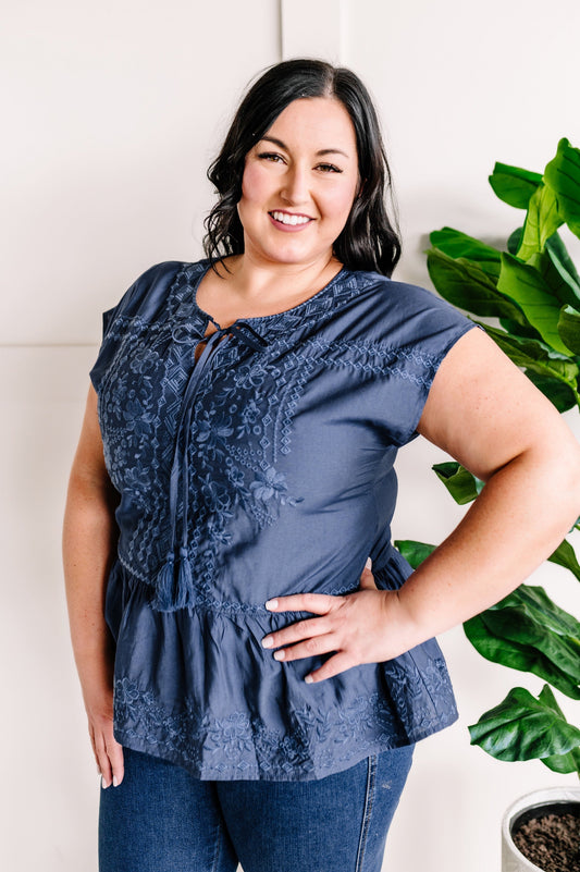Savanna Jane Embroidered Tie Front Blouse In Blue