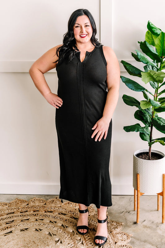 Textured Knit Side Slit Maxi Dress in Black