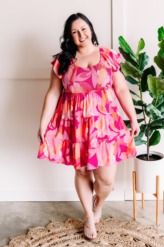 Smocked Midi Dress In Bright Disco Days