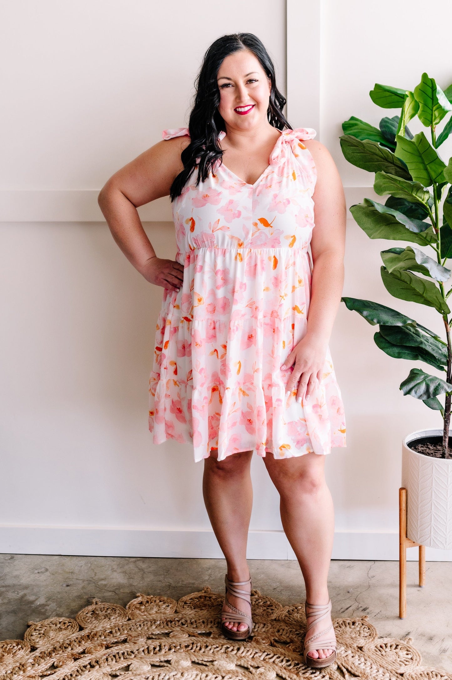 Tie Shoulder Dress In Soft Ivory & Pink Florals