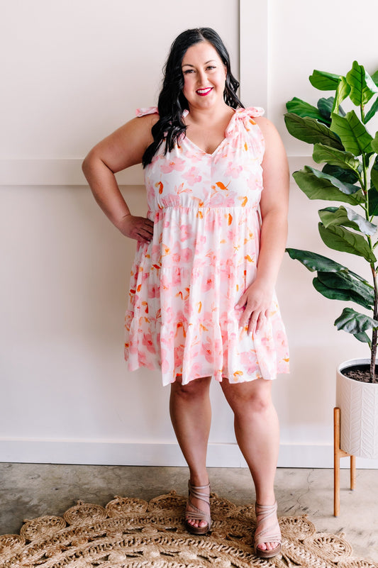 Tie Shoulder Dress In Soft Ivory & Pink Florals