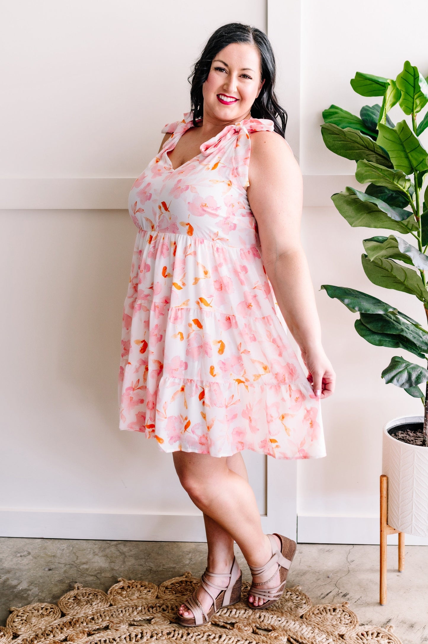 Tie Shoulder Dress In Soft Ivory & Pink Florals