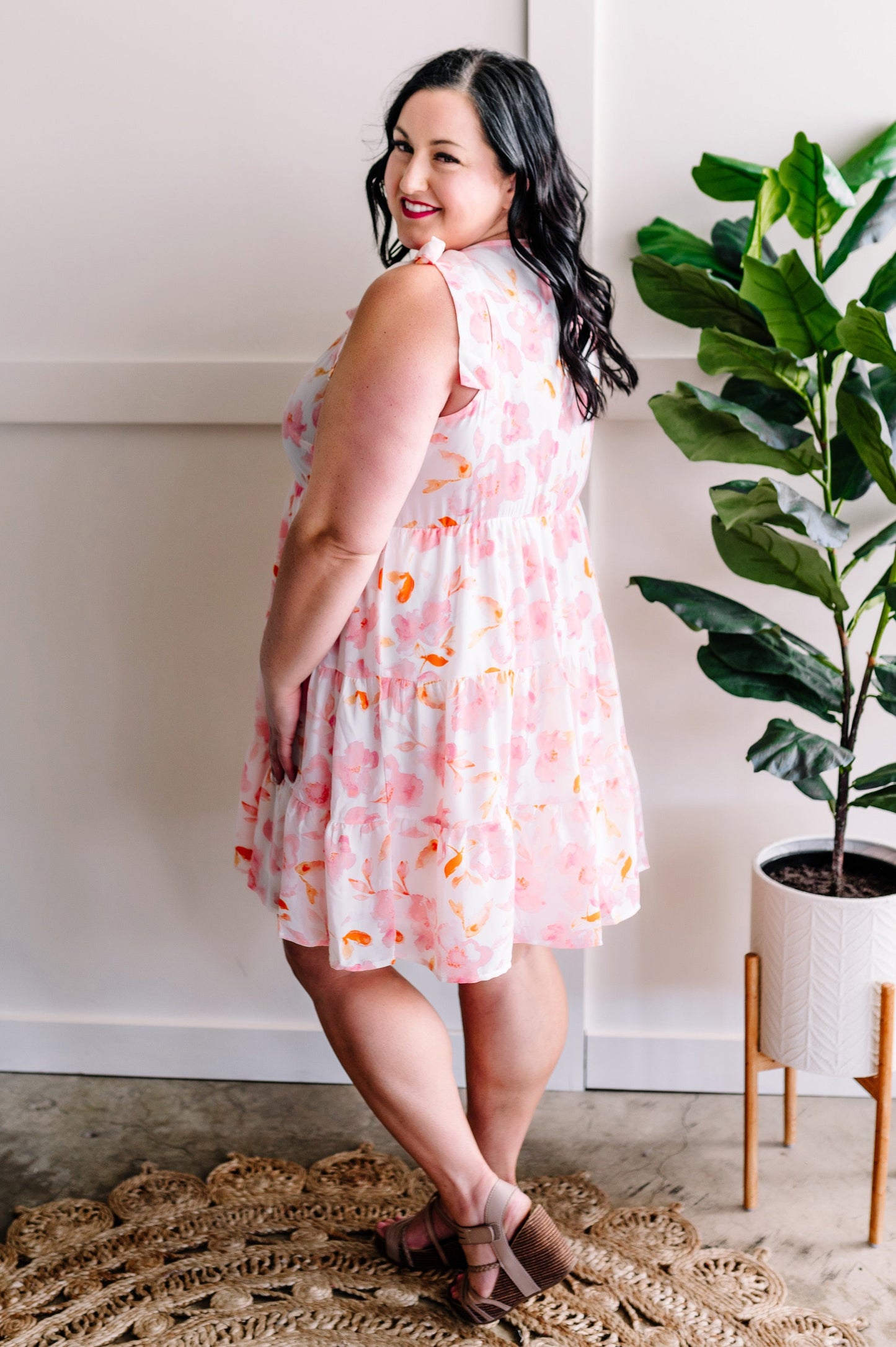 Tie Shoulder Dress In Soft Ivory & Pink Florals