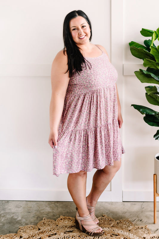 Tiered Floral Dress In Lilac With Back Criss Cross Tie Detail