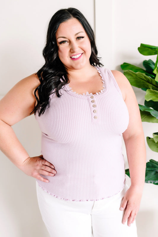Soft Lilac Sleeveless Button Top With Neck Lace Detail