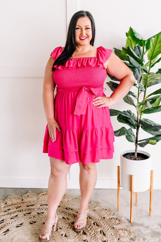 Tiered Smocked Dress With Belt In Spanish Pink