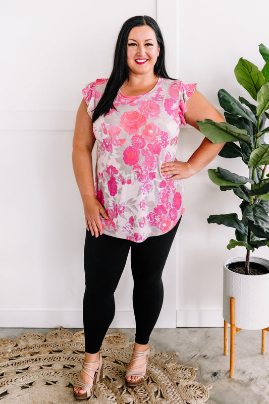 Ruffle Sleeve Top In Rose Florals
