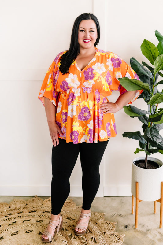 Tropical Orange Floral Dolman Sleeve Blouse