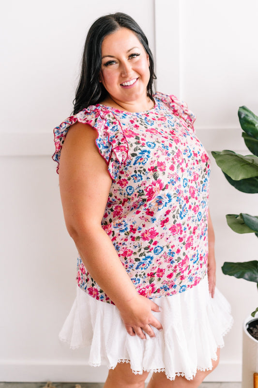 Ruffle Detail Floral Blouse In Pink & Blue
