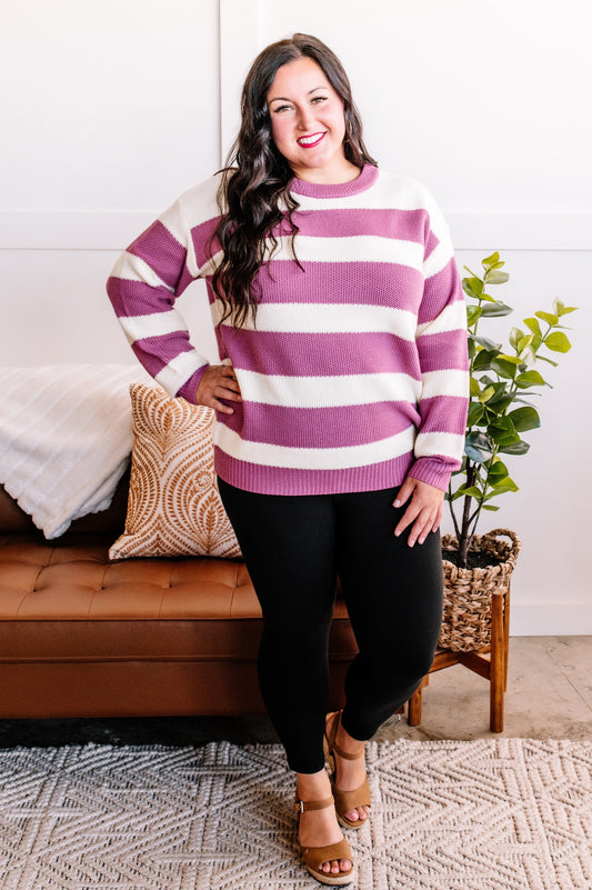 Striped Crewneck Sweater In Ivory & Radiant Lilac
