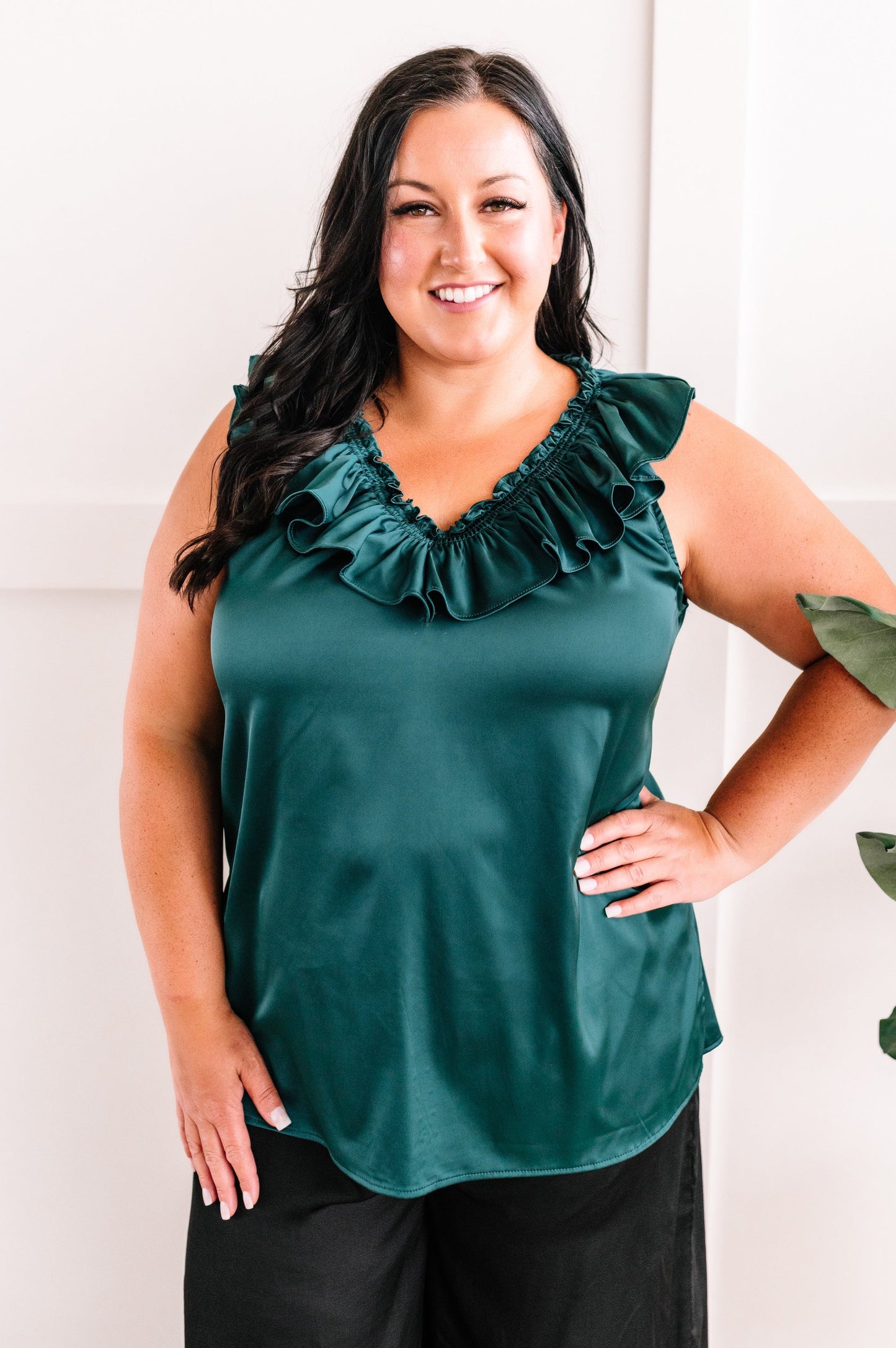 Satin Ruffled V Neck Blouse In Emerald Green