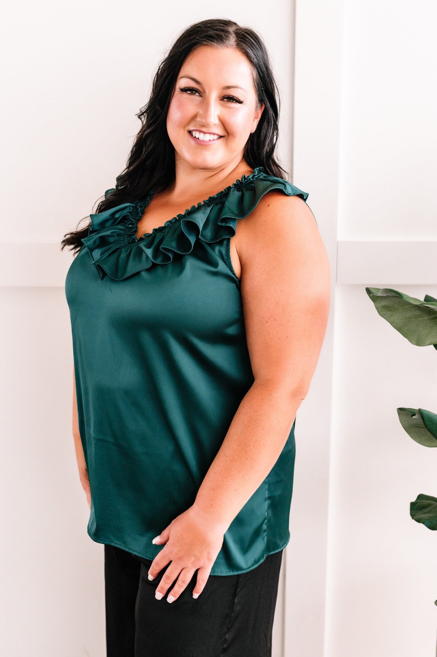 Satin Ruffled V Neck Blouse In Emerald Green