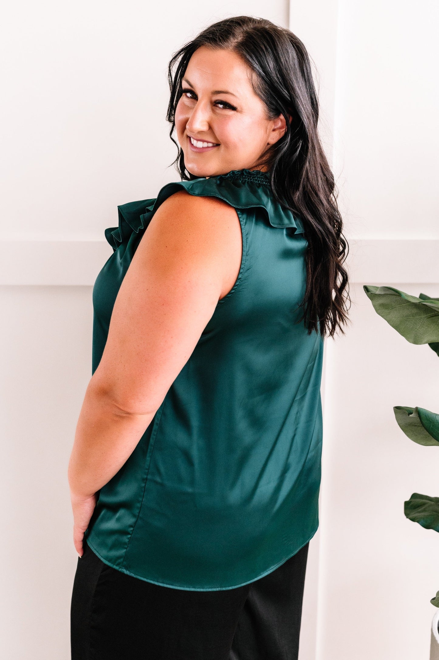 Satin Ruffled V Neck Blouse In Emerald Green