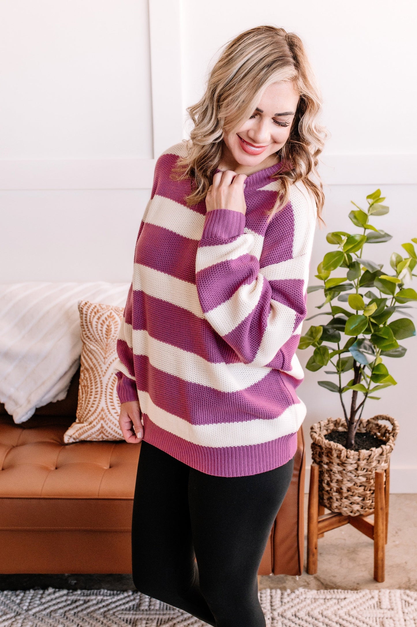 Striped Crewneck Sweater In Ivory & Radiant Lilac