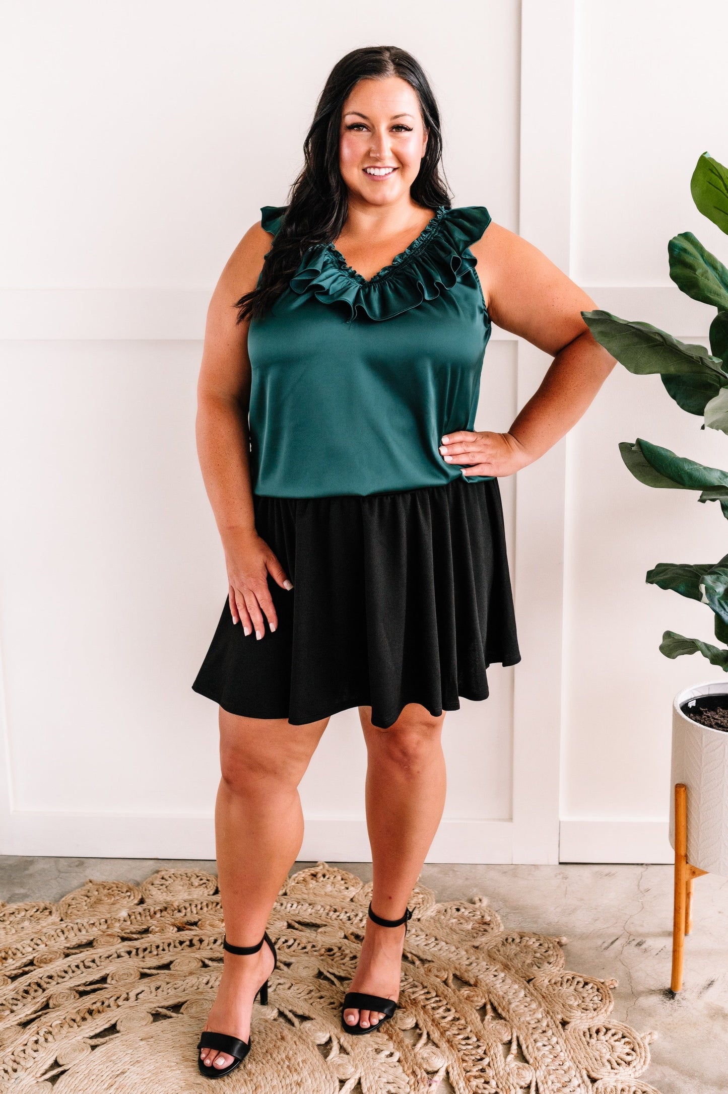 Satin Ruffled V Neck Blouse In Emerald Green