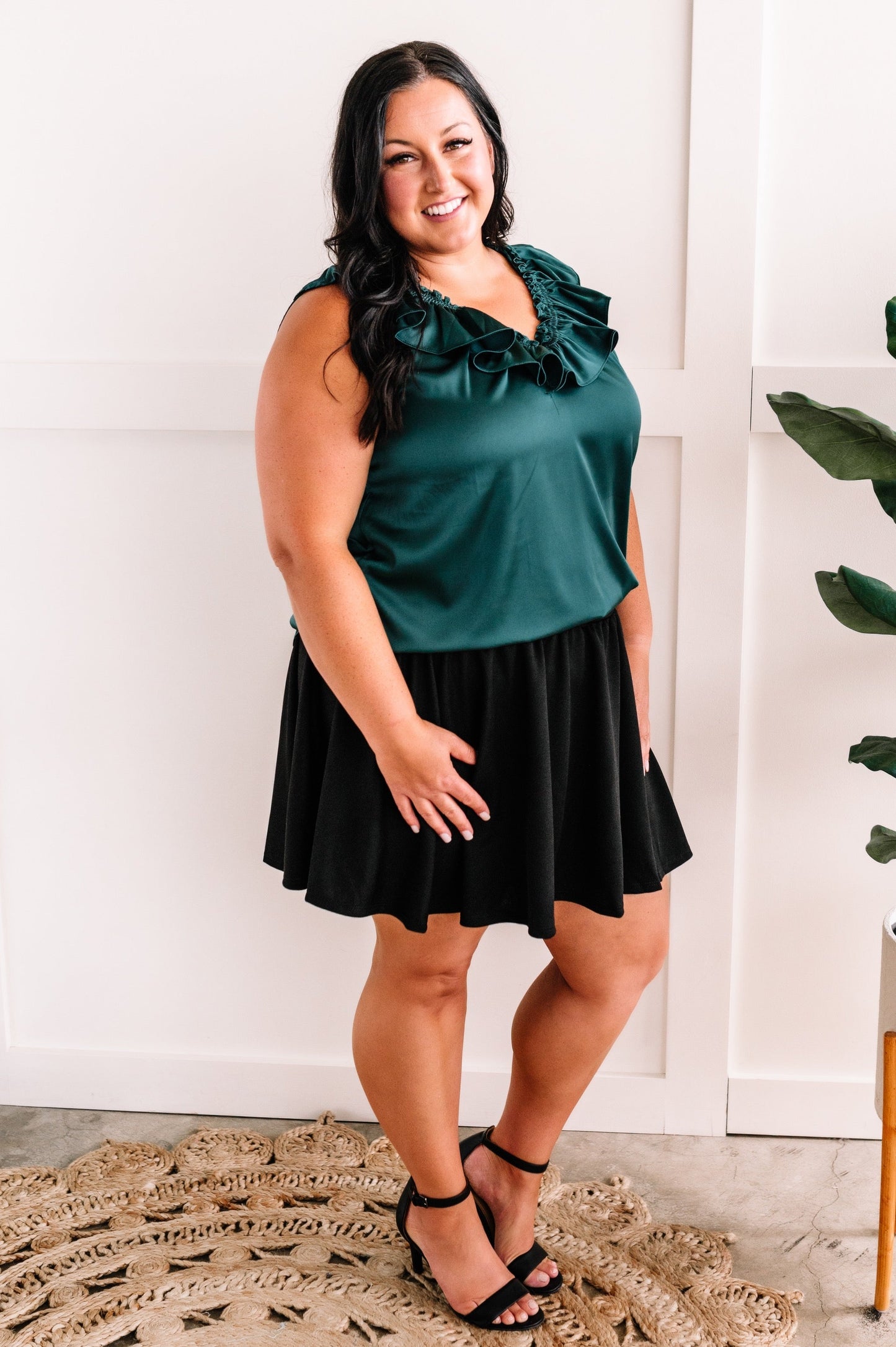 Satin Ruffled V Neck Blouse In Emerald Green
