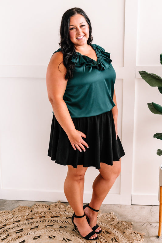 Satin Ruffled V Neck Blouse In Emerald Green
