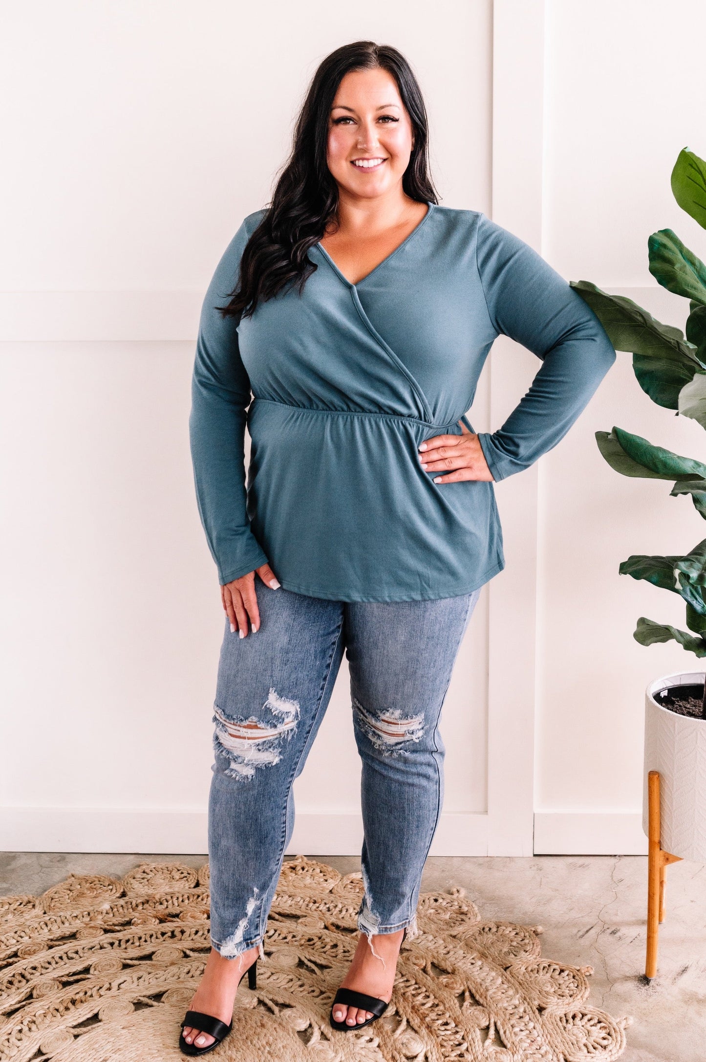 Surplice Long Sleeve Peplum Top In Teal