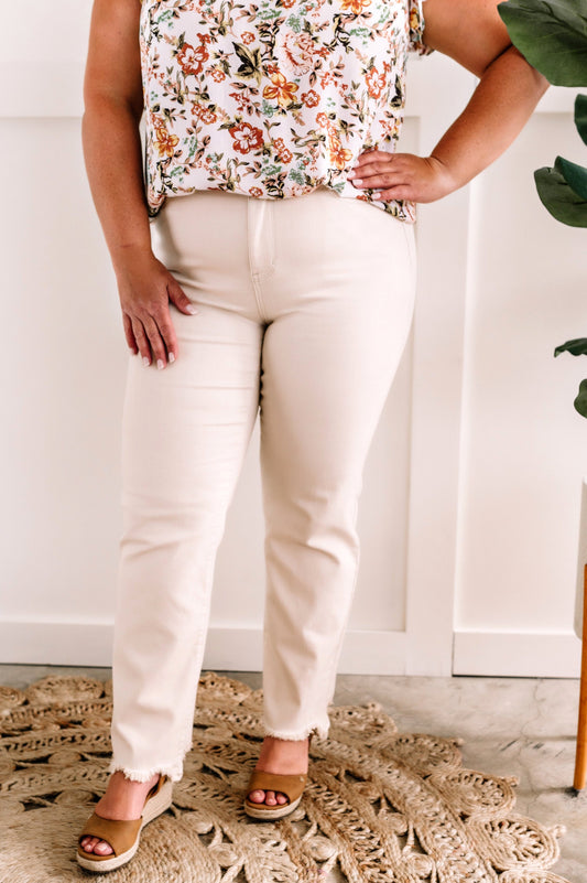 Straight Fit Destroyed Hem Judy Blue Jeans In Natural Beige