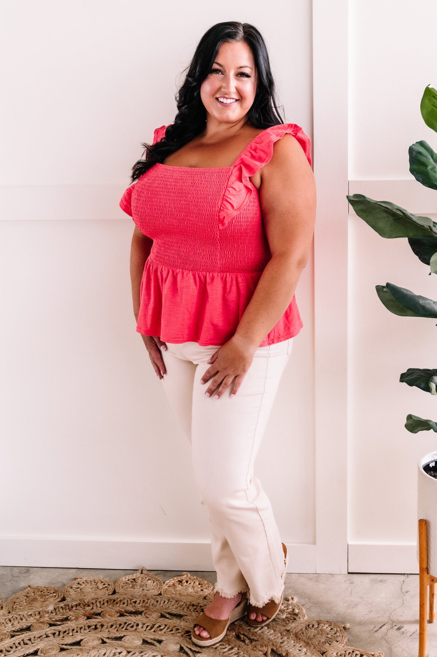 Smocked Sleeveless Top With Ruffle Detail In Watermelon
