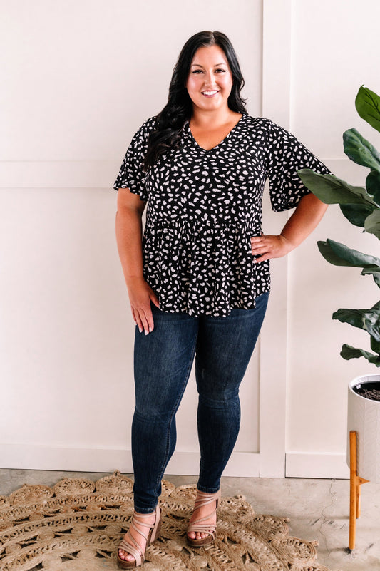Stretchy Animal Print Babydoll Top In Black & White