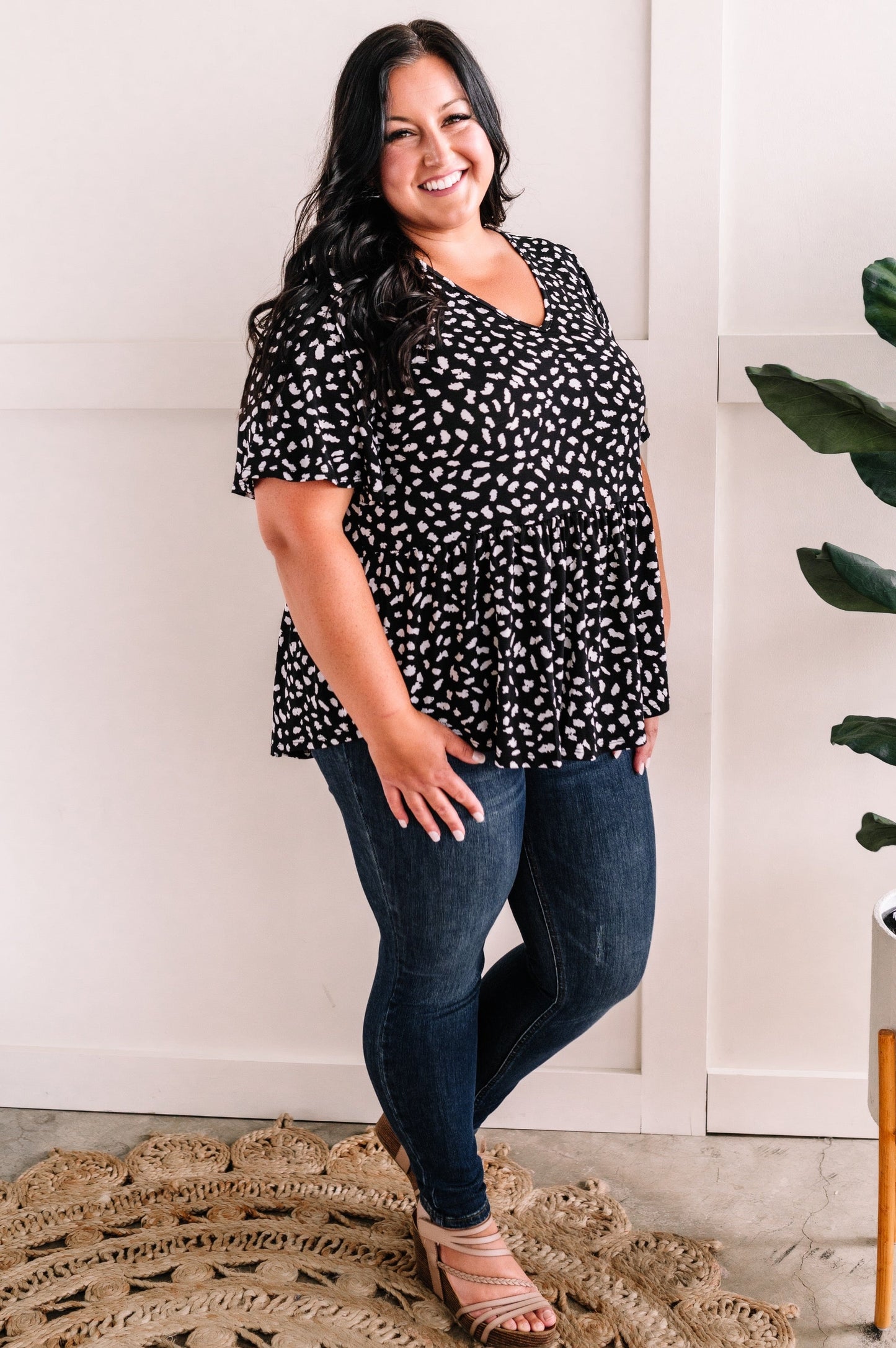 Stretchy Animal Print Babydoll Top In Black & White