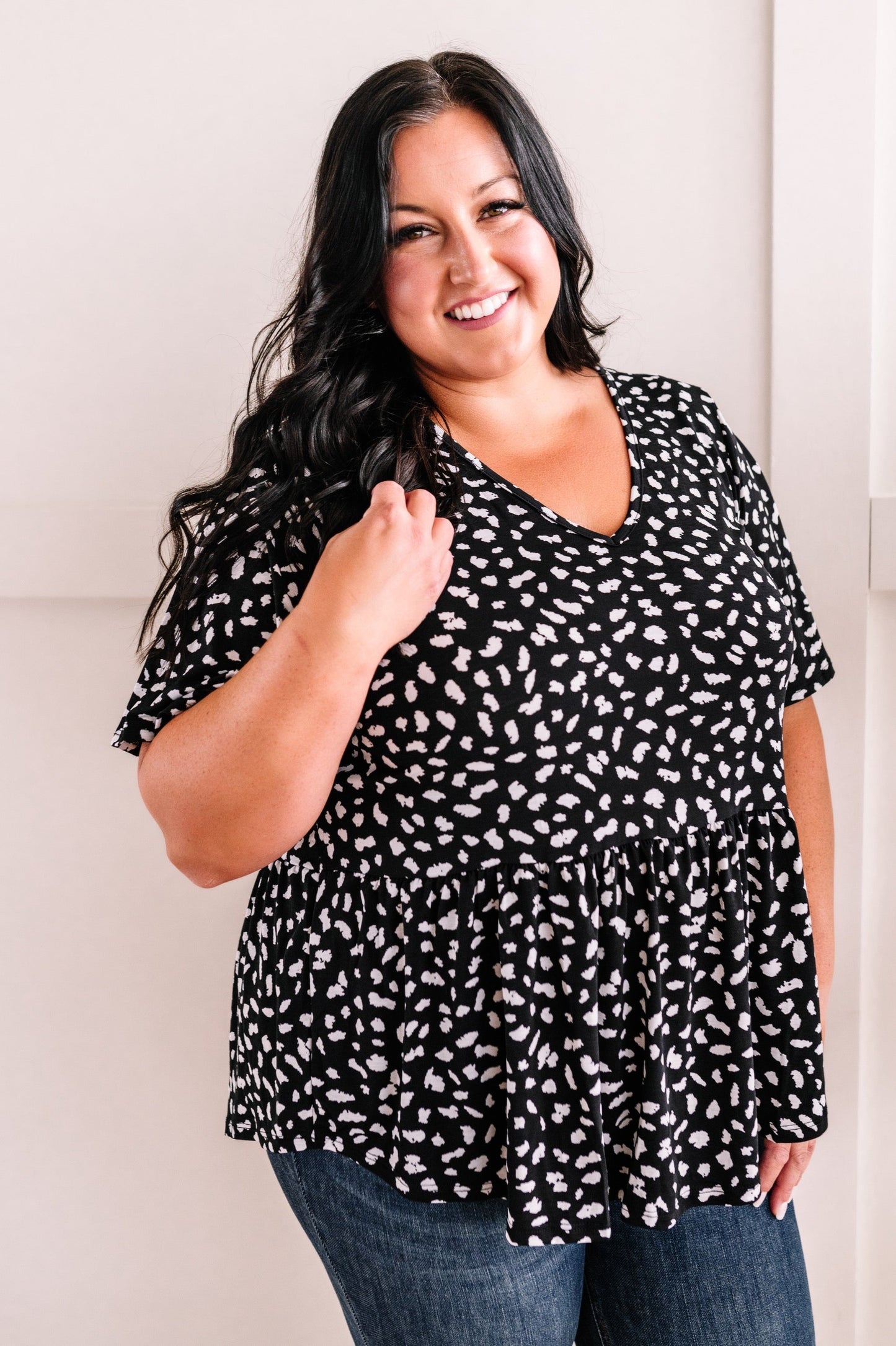 Stretchy Animal Print Babydoll Top In Black & White