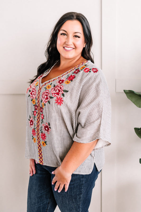 Savanna Jane Striped Blouse With Floral Embroidery
