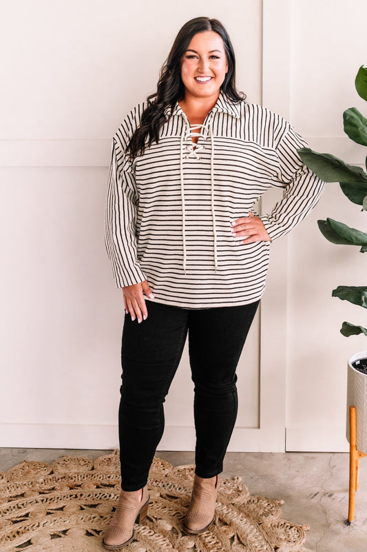 Oversized Lace Up Front Sweater In Ivory & Black Stripes