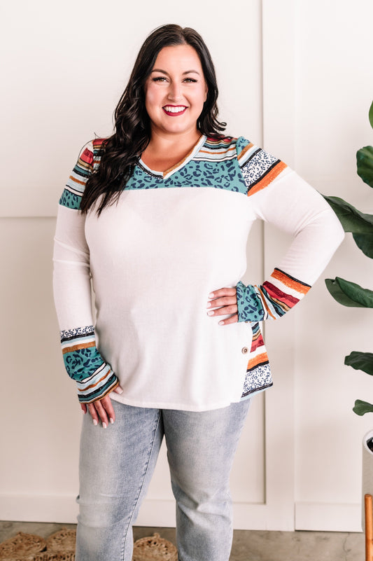 Side Button Detailed Top In White Multi Pattern