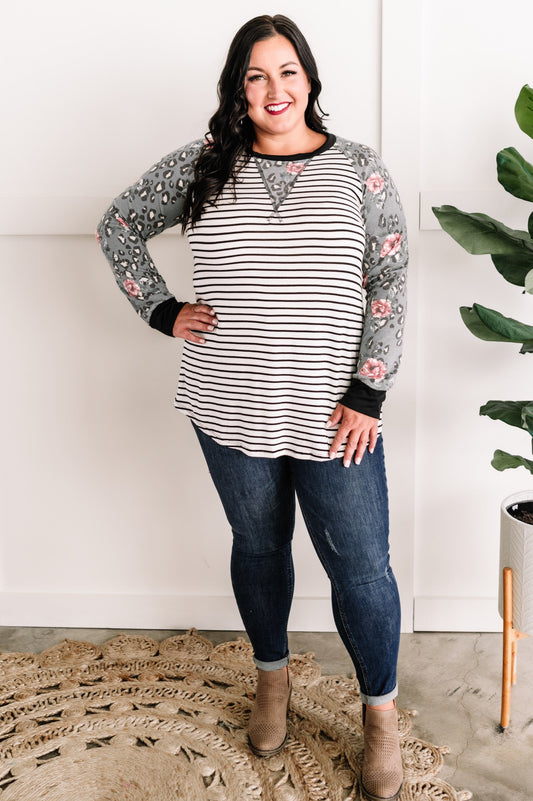 Raglan Sleeve Rose and Leopard Contrast Top In Black & White Stripes