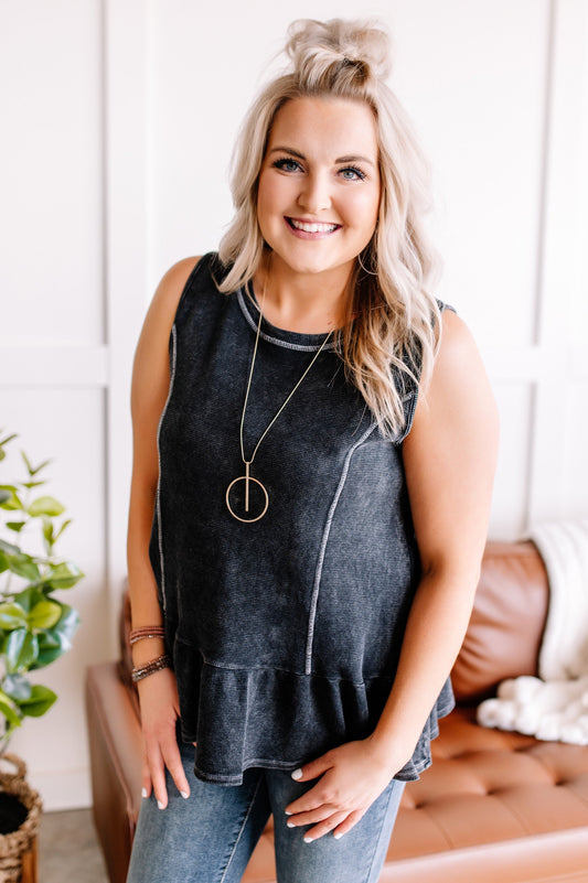 Ruffle Hemline Sleeveless Top in Mineral Wash Black