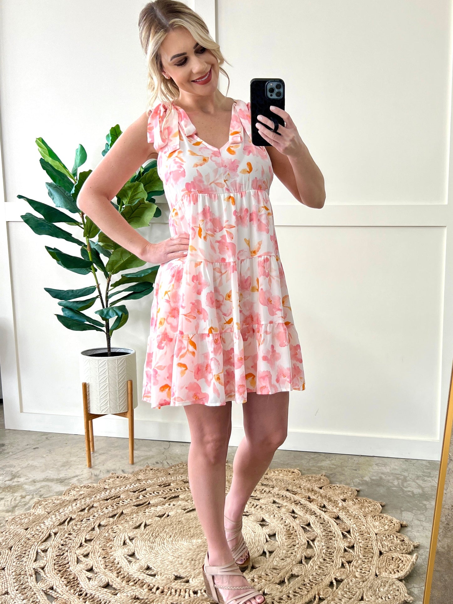 Tie Shoulder Dress In Soft Ivory & Pink Florals