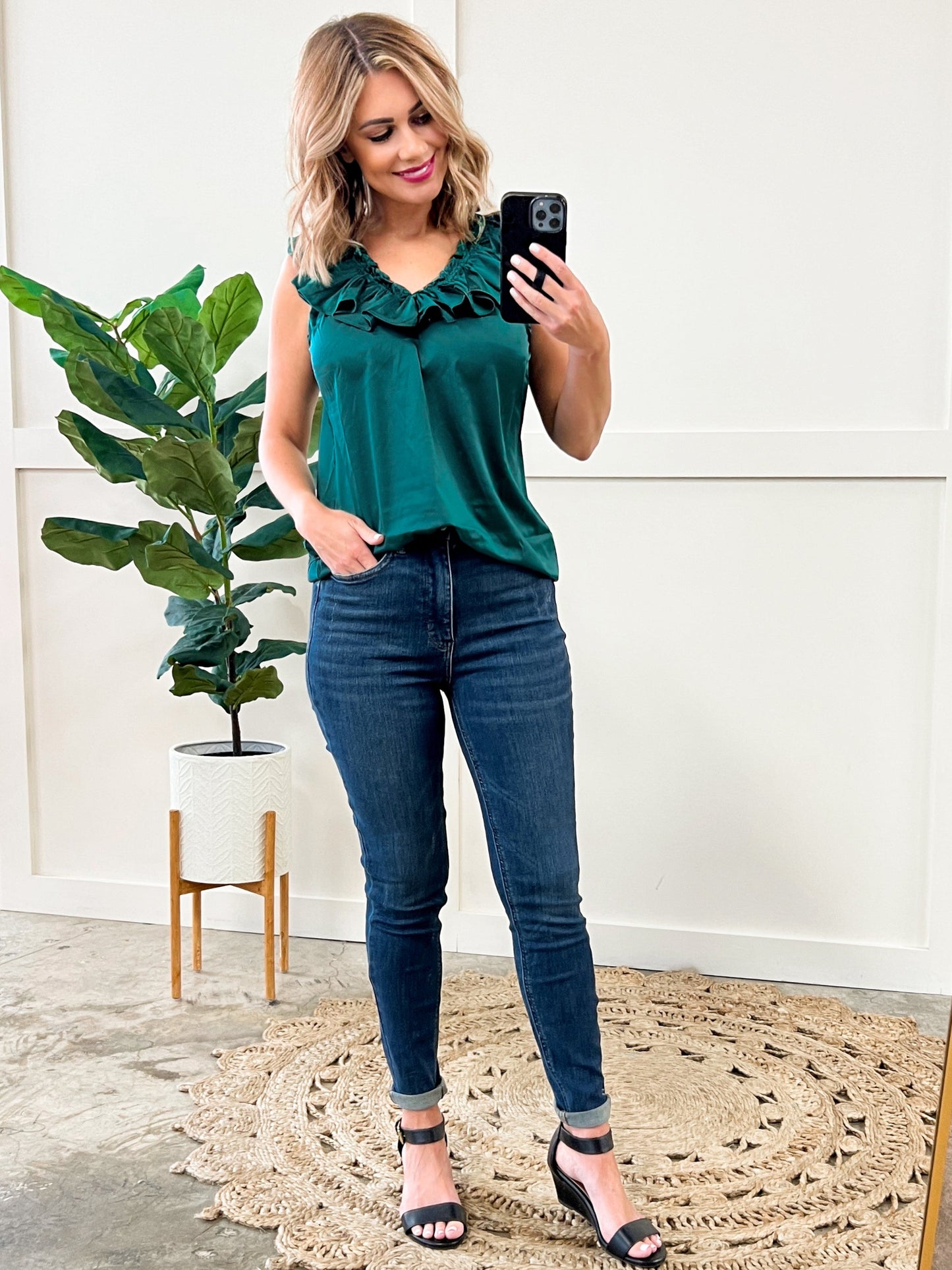 Satin Ruffled V Neck Blouse In Emerald Green