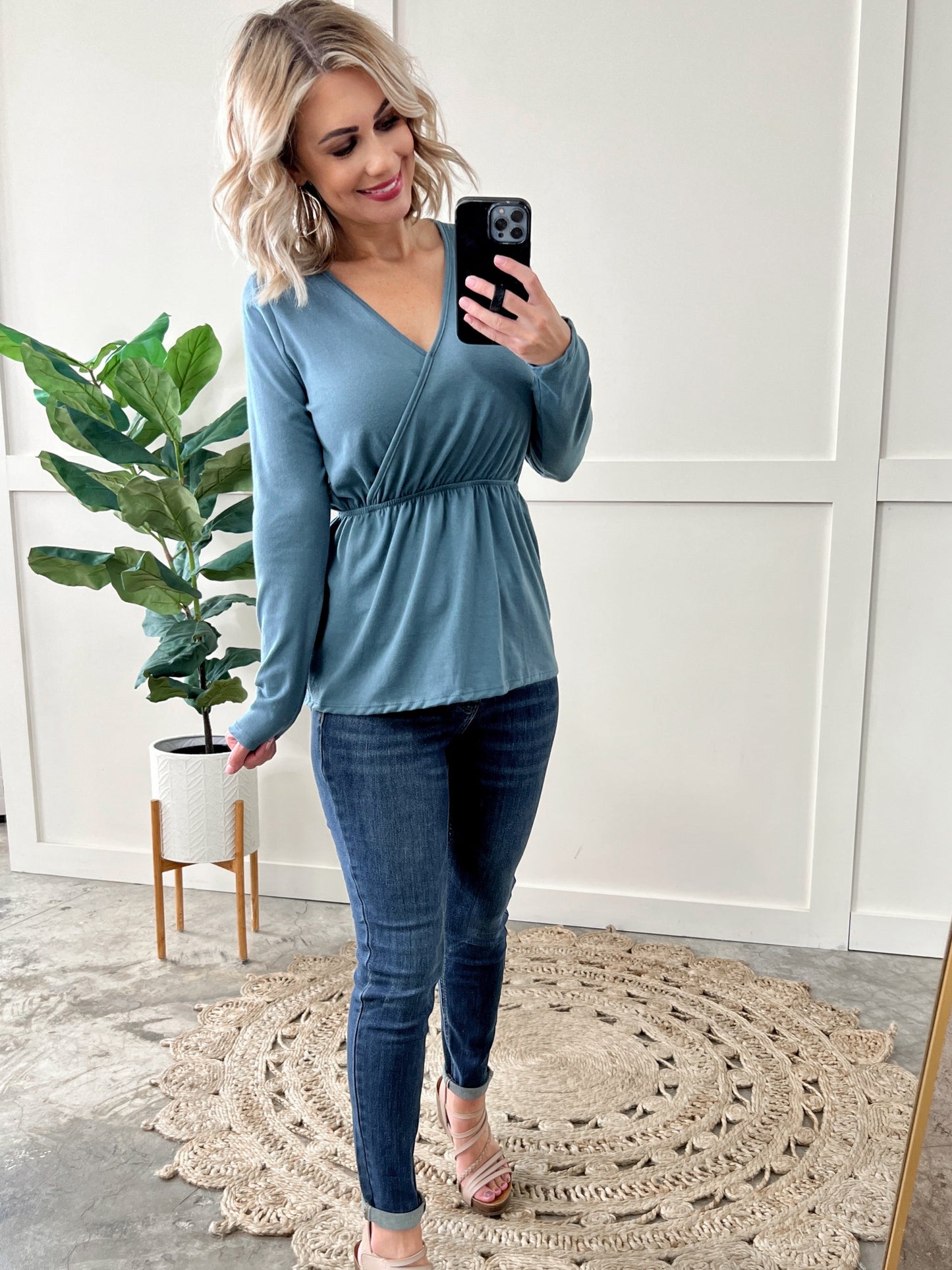 Surplice Long Sleeve Peplum Top In Teal