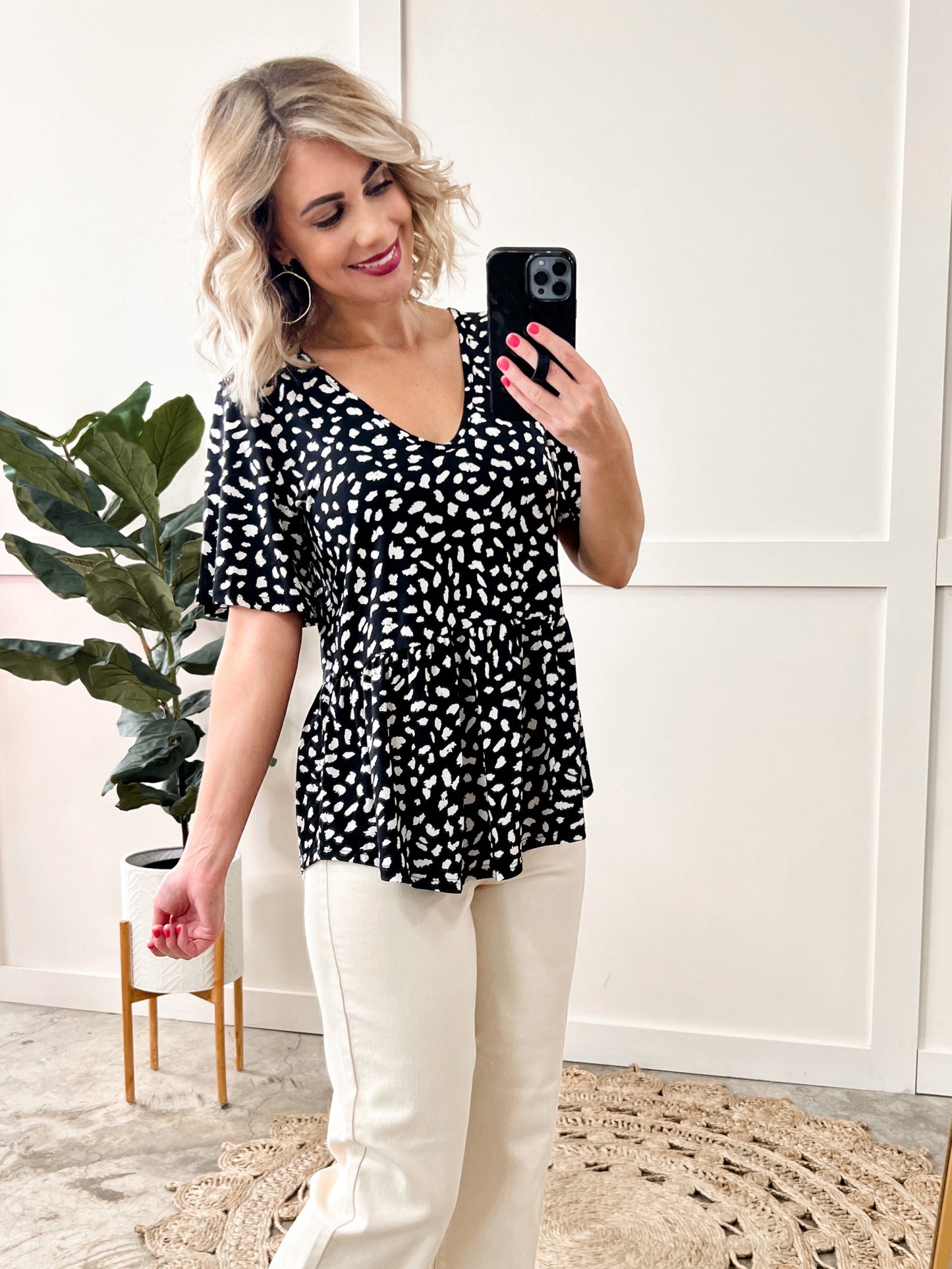 Stretchy Animal Print Babydoll Top In Black & White