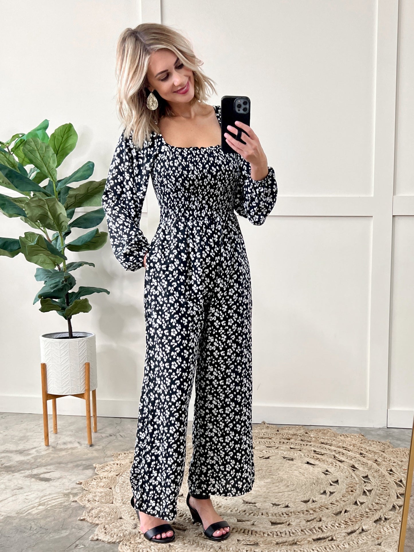 Smocked Jumpsuit In Classic Black & White Leopard