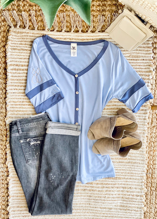 Retro Vibes Button Top in Monochromatic Blue