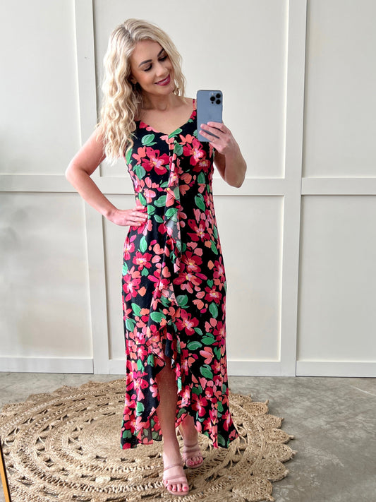 Ruffle Front Dress in Midnight Pink Florals